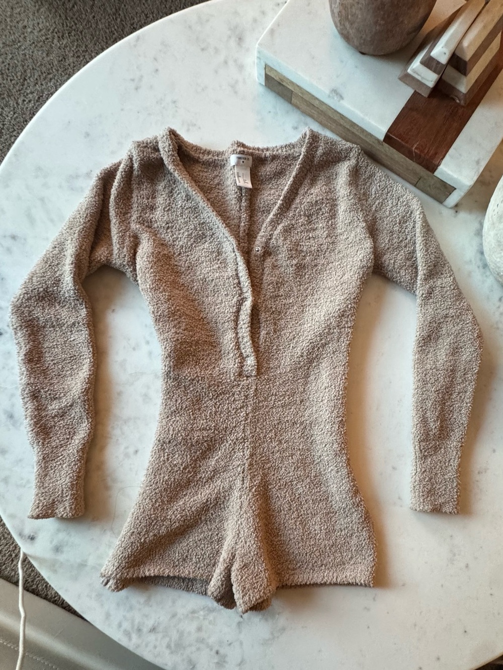 Forever 21 Tan Fuzzy Long Sleeve Romper